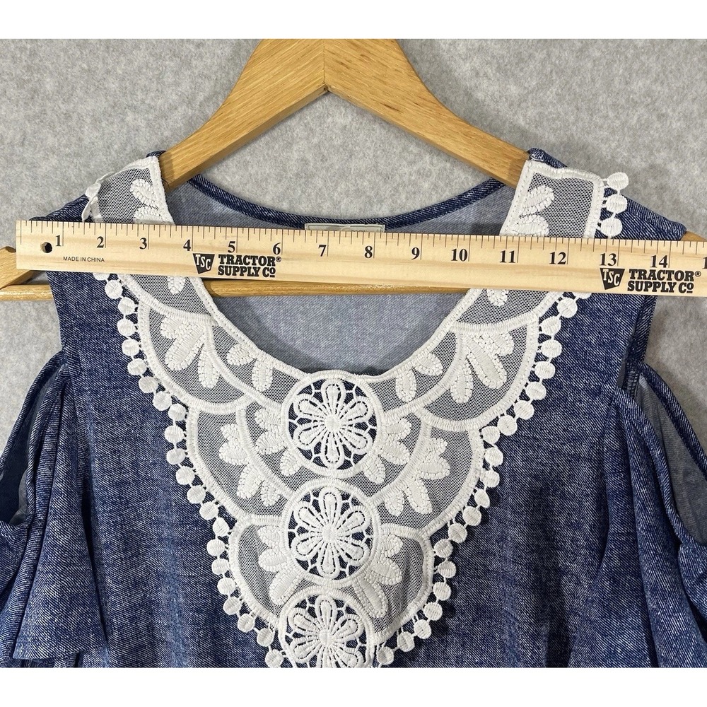 Ava James Women's Large Blouse Blue Lace Peep Shoulder Flutter Sleeve Flowy - Picture 5 of 8